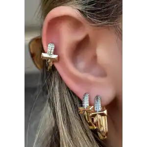 Altın Renk Taş Detaylı VİP 3lü YSX Küpe Set