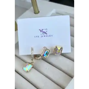 Altın Renk Taş Detaylı VİP 3lü YSX Küpe Set