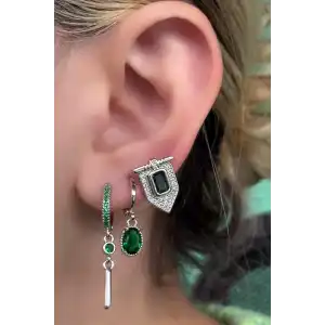 Gümüş Renk Taş Detaylı VİP 3lü YSX Küpe Set