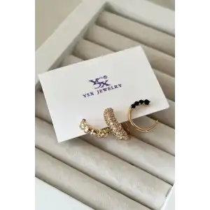 Altın Renk Taş Detaylı VİP 3lü YSX Küpe Set