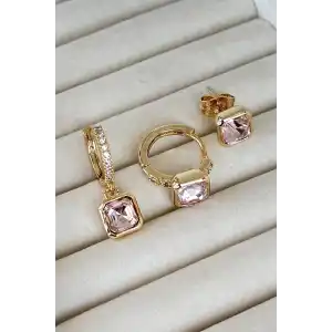 Altın Renk Taş Detaylı VİP 3lü YSX Küpe Set