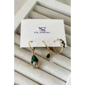 Altın Renk Taş Detaylı VİP 3lü YSX Küpe Set