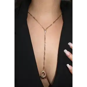 Altın Renk Taş Detaylı Y Kolye