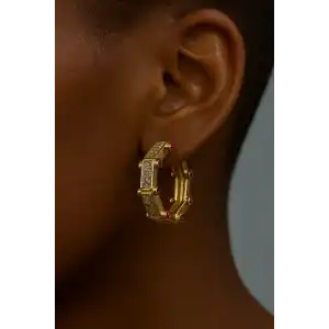 Altın Renk Taş Detaylı YSX Halka Küpe (Çift)