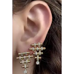 Altın Renk Taş Detaylı YSX Küpe (Çift)