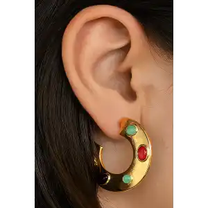 Altın Renk Taş Detaylı Küpe (Çift)