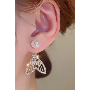 Altın Renk Taş Ve İnci Detaylı 14K Altın Kaplama Küpe (Çift)