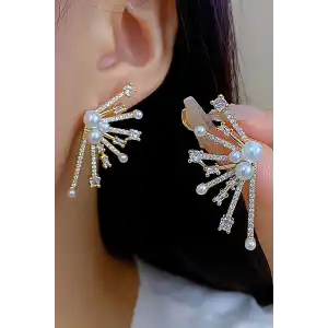 Altın Renk Taş Ve İnci Detaylı 14K Altın Kaplama Küpe (Çift)