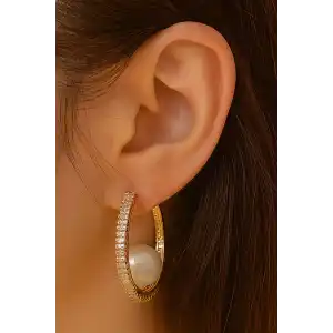 Altın Renk Taş Ve İnci Detaylı Halka Küpe (Çift)