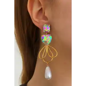 Altın Renk Taş Ve İnci Detaylı Tasarım Küpe (Çift)