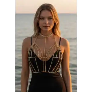 Altın Renk Taşlı Bikini Üstü /Bralet /Vücut Aksesuarı