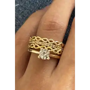 Altın Renk Tek Taş Detaylı Ayarlanabilir Yüzük