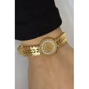 Altın Renk Tuğra Figürlü Çelik Kelepçe Bileklik