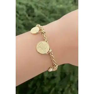Altın Renk Tuğra Figürlü Taş Detaylı Çelik Bileklik