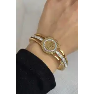 Altın Renk Tuğra Figürlü Taş Detaylı Çelik Kelepçe Bileklik