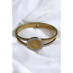 Altın Renk Tuğra Figürlü Taşlı Çelik Bileklik