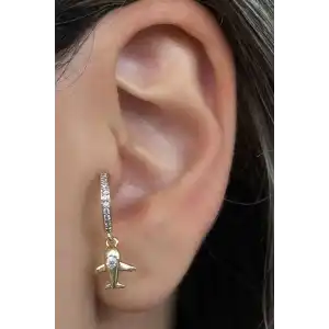 Altın Renk Uçak Figürlü Çelik Tragus/Kıkırdak Küpe/Piercing (Tek)