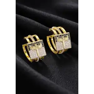 Altın Renk Üçlü Plaka Melek Figürlü Halka Küpe (Çift)