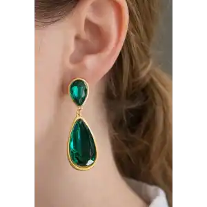 Altın Renk Yeşil Taş Detaylı Çelik Küpe (Çift)