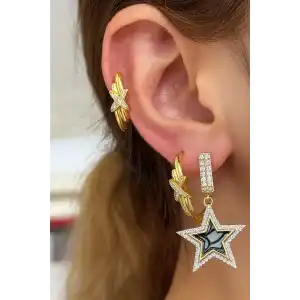 Altın Renk Yıldız Detaylı Taş Detaylı VİP 3lü YSX Küpe Set