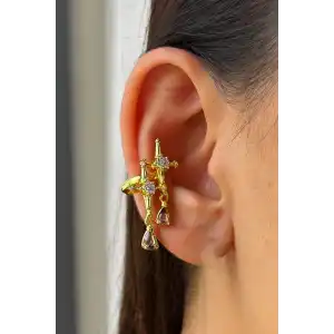 Altın Renk Yıldız Figürlü Taş Detaylı 14K Altın Kaplama TX Ear Cuff (Tek)