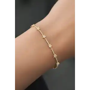 Altın Renk Yıldız Figürlü Taş Detaylı 14K Altın Kaplama VİP Bileklik