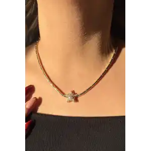 Altın Renk Yıldız Figürlü Taş Detaylı Altın Kaplama VİP Kolye