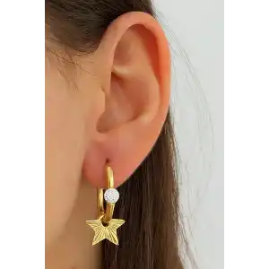 Altın Renk Yıldız Figürlü Taş Detaylı Çelik Küpe (Çift)