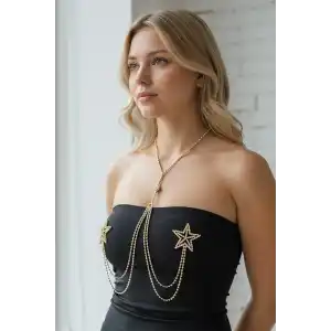Altın Renk Yıldız Figürlü Taş Detaylı Tasarım Vücut Aksesuar