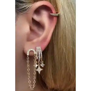 Altın Renk Yıldız Figürlü Taş Detaylı VİP 3lü YSX Küpe Set