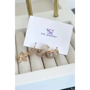 Altın Renk Yıldız Figürlü Taş Detaylı VİP 3lü YSX Küpe Set