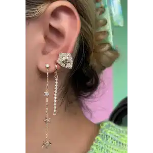 Altın Renk Yıldız Figürlü Taş Detaylı VİP 3lü YSX Küpe Set