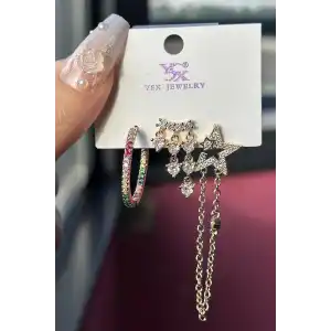Altın Renk Yıldız Figürlü VİP 3lü YSX Küpe Set
