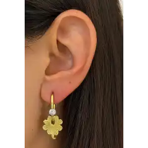 Altın Renk Yonca Figürlü Taş Detaylı Çelik Küpe (Çift)