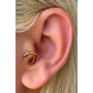 Altın Renk Zincir Detaylı Çelik Tragus/Kıkırdak Küpe/Piercing (Tek)