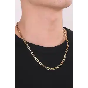 Altın Renk Zincir Detaylı Unisex Çelik Kolye