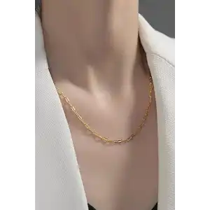 Altın Renk Zincir Detaylı Unisex Çelik Kolye