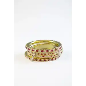 Altın Ve Bordo Renk Çoklu Halka Detaylı Taşlı Yüzük