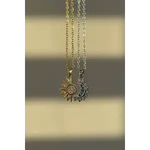 Altın Ve Gümüş Renk Ay Ve Güneş Figürlü İkili Çelik Çift/ Best Friend Kolyesi