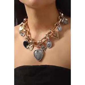 Altın Ve Gümüş Renk Charmlı Tasarım Kolye