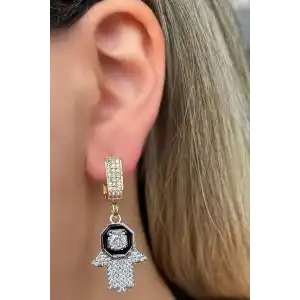 Altın Ve Gümüş Renk Fatma Ana Eli Figürlü Taş Detaylı Küpe (Çift)