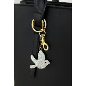 Altın Ve Gümüş Renk Kuş Figürlü Taş Detaylı Çanta Charm/ Anahtarlık
