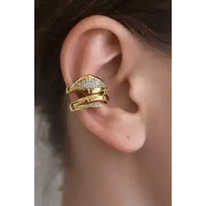 Altın Ve Gümüş Renk Taş Detaylı 14K Altın Kaplama TX Ear Cuff (Tek)