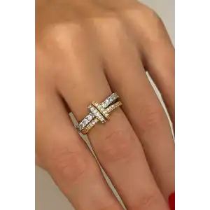 Altın Ve Gümüş Renk Taş Detaylı İkili Yüzük