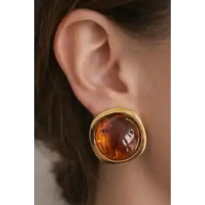 Altın Ve Kahve Renk Taş Detaylı Küpe (Çift)