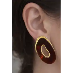 Altın Ve Kahve Renk Taş Detaylı Küpe (Çift)