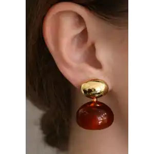 Altın Ve Kahve Renk Taş Detaylı Küpe (Çift)