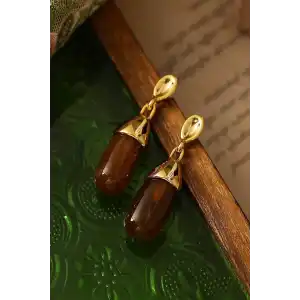 Altın Ve Kahve Renk Taş Detaylı Küpe (Çift)