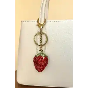 Altın Ve Kırmızı Renk Çilek Figürlü Taş Detaylı Çanta Charm/ Anahtarlık