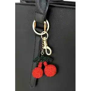 Altın Ve Kırmızı Renk Kiraz Figürlü Taş Detaylı Çanta Charm/ Anahtarlık